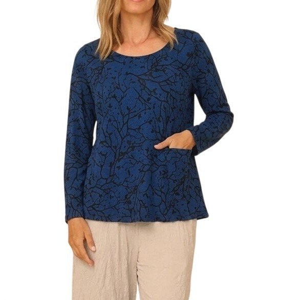 Chalet Et Ceci Xs Gizel Top Blue Black Tree Branch Print Long Sleeve Smock Boho